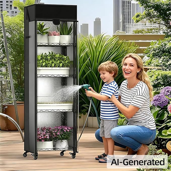 Small Greenhouse for Indoors, 5 Tier 15.7" L×11.8" W×62.3" H | adjustable shelves，Portable Greenhouse with Wheels， Metal Shelf，for Growing Flowers and Seedlings