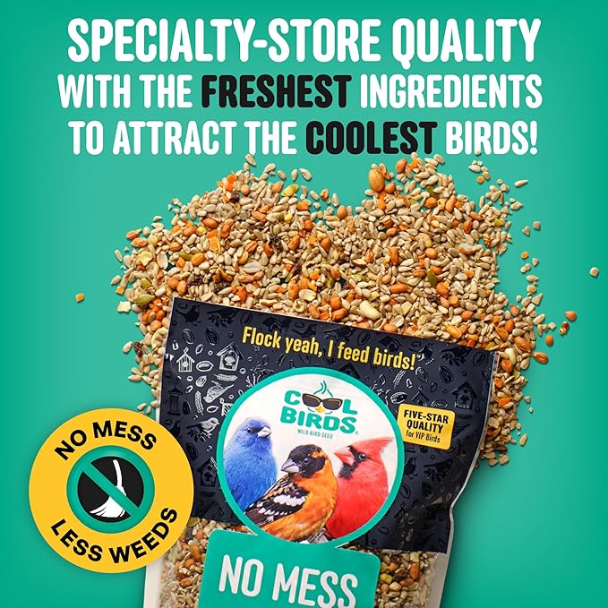 Cool Birds No Mess with Fruit Wild Bird Seed – 10 lb. 100% Edible Shell-Free Blend with Sunflower Hearts, Peanuts, Tree Nuts, Pumpkin Seed & Real Fruit – No Waste Bird Seed for Outside Feeders