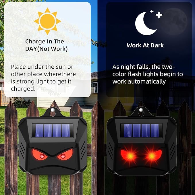 4 Pack Upgraded Solar Nocturnal Animal Repeller Outdoor, Auto Activate Red Predator Eyes Animal Deterrent Lights Sensor for Deer Raccoon Coyote Skunk Fox Control for Chicken Coop Yard Farm Protection