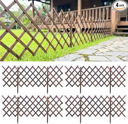 ShopLaLa Garden Fence (4 Pack, Total 24ft) Expandable Wooden Lattice Panels, Plant Support Trellis for Flower Bed Edging Outdoor Decorative Animal Barrier Fence Yard Lawn Border Patio Landscape Decor