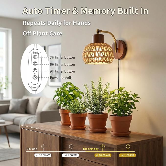 Hanging Grow Lights for Indoor Plants, Auto Cycle Timer, 18W Full Spectrum Wall Mounted Grow Light, Boho Rattan Lantern Shade, Adjustable Head, 16 FT Power Cord for Indoor Plant Growing, Flowers