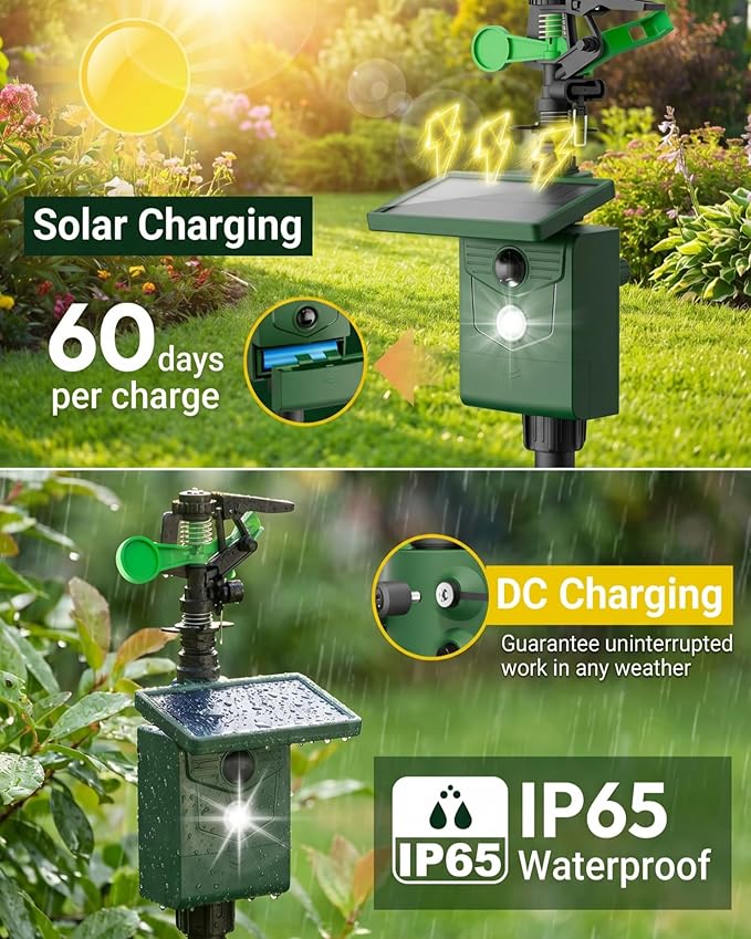 Motion-Activated Sprinkler, Solar Animal Repellent Outdoor - 1 Pack Deer Cat Deterrent with Motion Sensor & Flashing Lights, Protects Yard & Garden from Deer, Cats, Raccoons