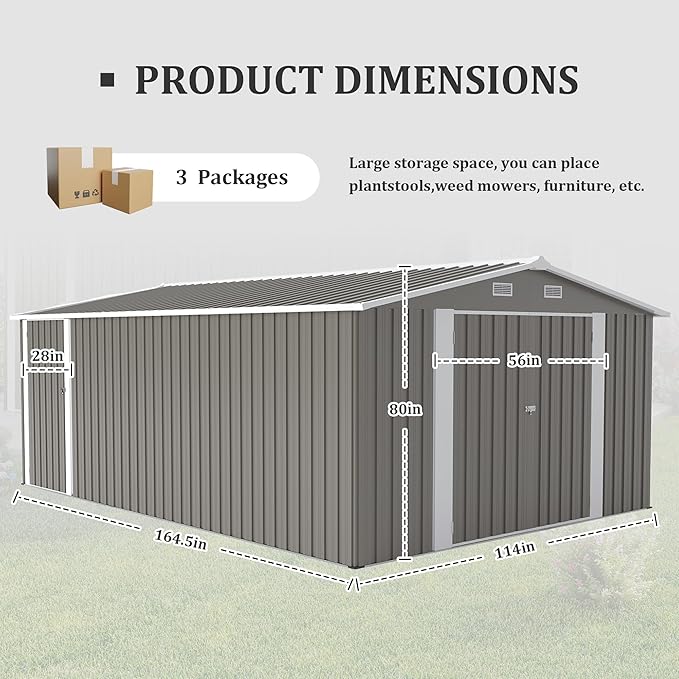 YOPTO 10x14 FT Outdoor Storage Shed, Extra Large Metal Garden Shed with Waterproof Roof, 4 Vents and 3 Lockable Doors,All-Weather Tool Shed Storage House for Backyard, Patio, Lawn,Light Grey