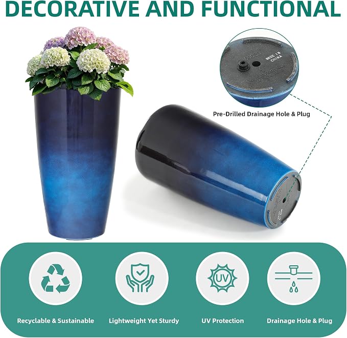 22.8" H Gradient Blue Planters for Outdoor Plants, Set of 2 Large Flower Pot with Drainage Hole, Weather-Resistant for Porch,Garden,Patio or Indoor Use
