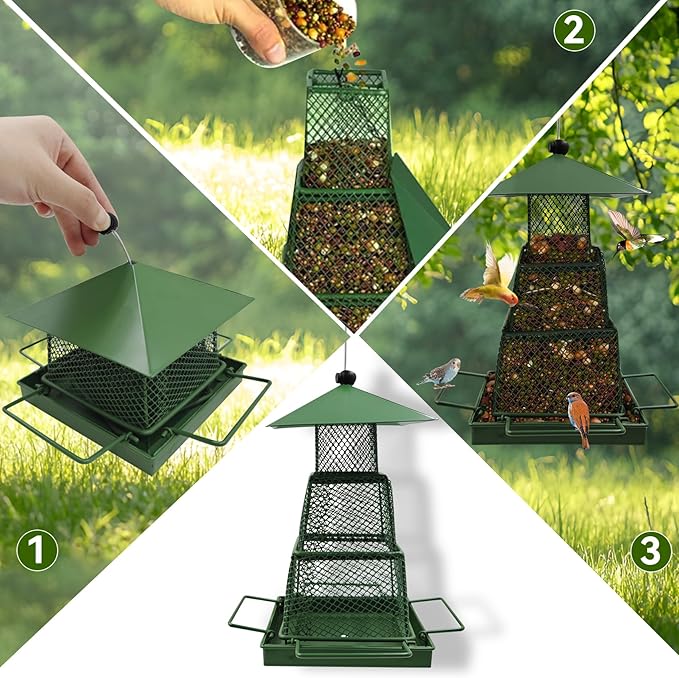 Green Metal Bird Feeder – Squirrel-Resistant Hanging Feeder with 4 Perches | Large Seed Capacity, 360° Mesh for Backyard & Garden
