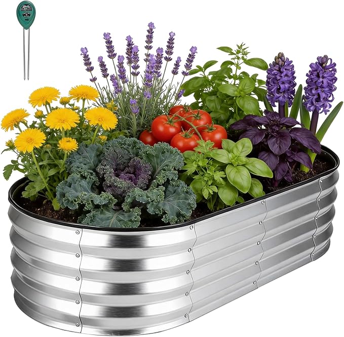 Galvanized Raised Garden Bed 4x2x1ft, Rust-Resistant Metal Oval Planter Box Outdoor, Easy Assembly Planting Bed Kit for Vegetables, Fruits, Herbs - Silver