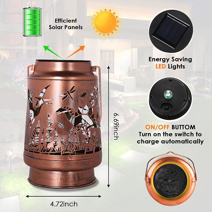 Solar Lanterns Outdoor Waterproof, Dinosaur Garden Decor Lights, Metal Hanging Solar Powered Lantern for Patio Yard Pathway, Unique Dinosaur Gifts for Women Men