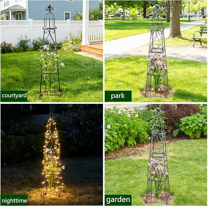 51-Inch Vintage Metal Garden Obelisk Trellis - Sturdy Climbing Plant Support for Roses, Bougainvillea, Vines & Potted Plants - Elegant Design for Gardens & Patios