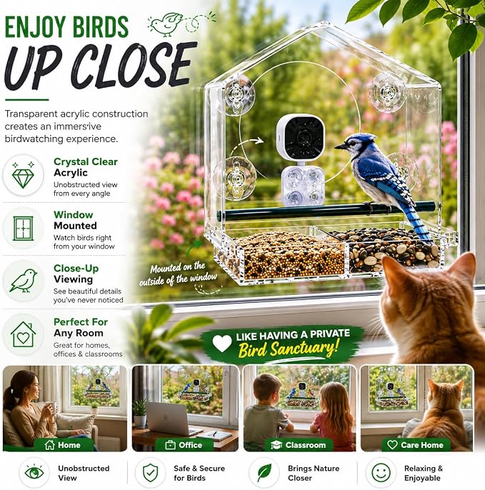 VicoHome X22 Bird Feeder Camera with Smart Window - Clear Acrylic, Outdoor Birdhouse Cam, Full-Color Night Vision, AI Bird Recognition, Motion Alerts, App Control, IP65 Waterproof
