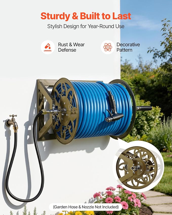 VEVOR Wall Mounted Garden Hose Reel, Holds 200 Feet of 5/8-inch Hose, Outdoor Heavy-Duty Waterhose Holder Winder, with Brass Connector, Decorative Pattern, Bronze Finish, for Backyards and Gardens