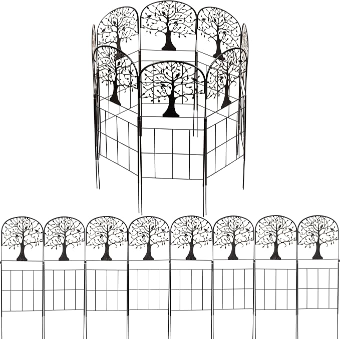 Evergreen Tree of Life Metal Landscape Edging 28" Above Ground, 8 ft Long Decorative Garden Fence Panels Animal Barrier, No Dig Edging for Flower Bed, Yard, Lawn