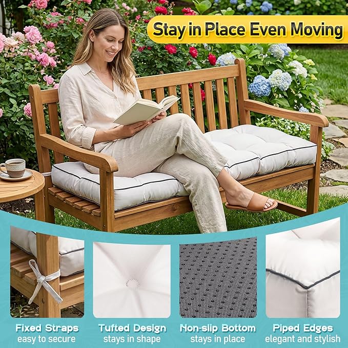 Outdoor Bench Cushion, Tufted Patio Seat Pad for Garden Bench, Porch Swing, Indoor/Outoor Furniture (Cream, 60X18X5)