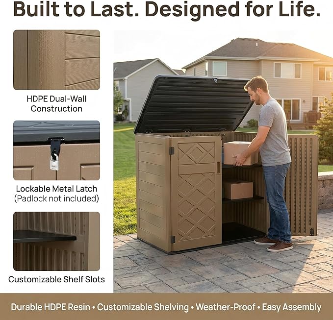 38 Cu. Ft Horizontal Resin Storage Shed, Outdoor Storage Cabinet, Weatherproof, Easy to Assemble, Outdoor Storage Box for Backyards/Patios/Garden, No Shelf (Brown)