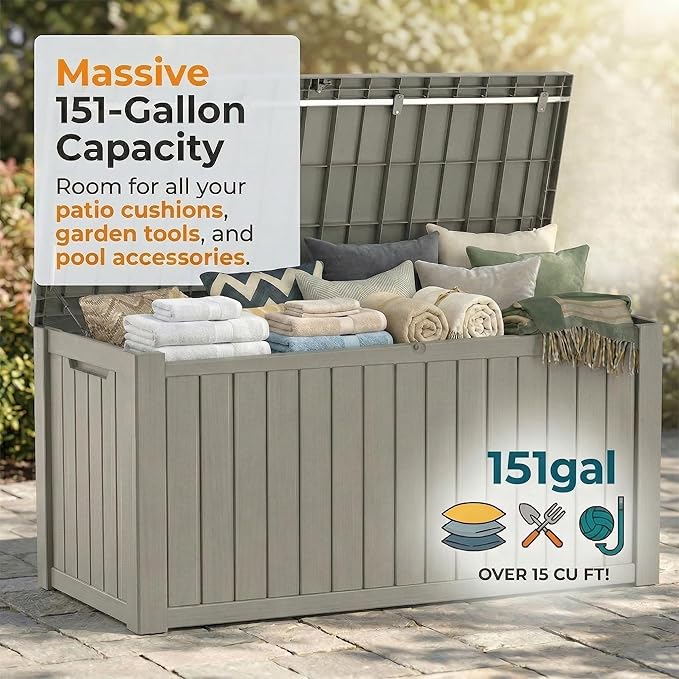 151 Gallon Resin Deck Box with Lockable Lid – Heavy-Duty Outdoor Storage for Patio Furniture, Garden Tools, Pool Accessories, BBQ Supplies – All-Weather Wood Grain Design