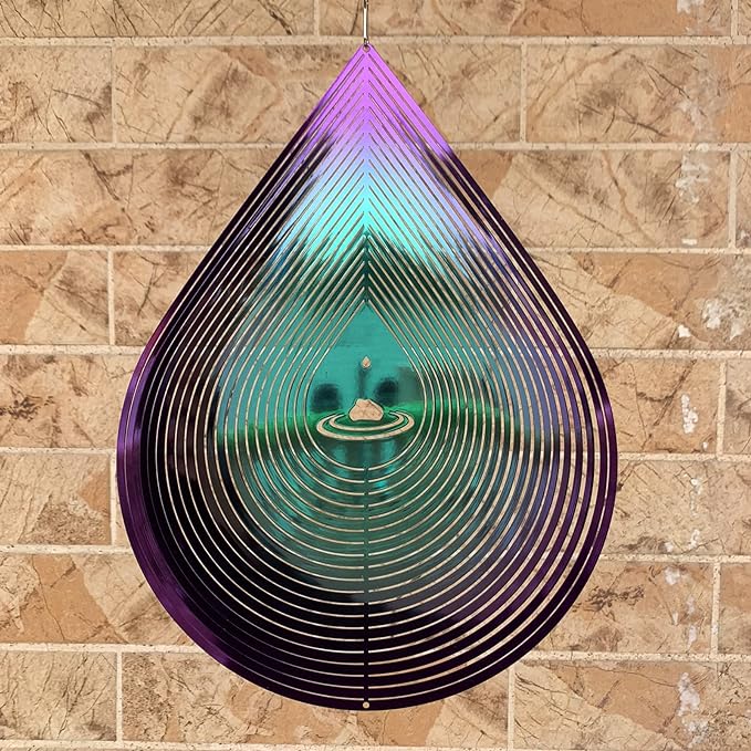 Wind Spinner Garden Indoor Outdoor Decor 3D Stainless Steel Metal Hanging Decorations, Water Droplets Shape Wind Sculptures & Spinners 12inch(Green&Purple),Gifts for Women Mom Dad Friend