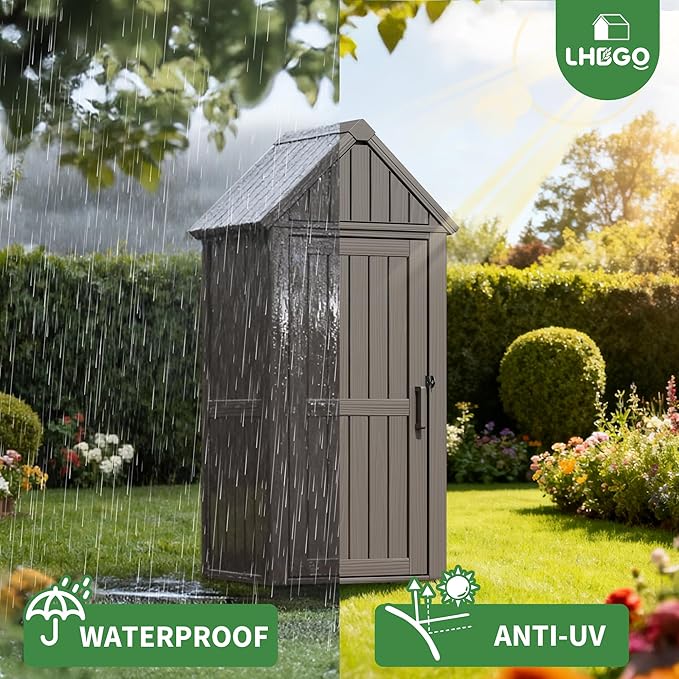 LHBGO Outdoor Storage Shed with Door & Shelf, Large Capacity Weatherproof Garden Tool Cabinet with Multiple Hooks for Backyard, Patio, Lawn（Gray