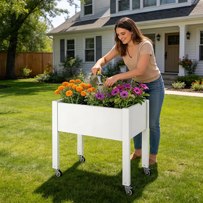 Miory Raised Garden Bed with Wheels, Mobile Raised Planter, Elevated Garden Bed with Water Level Monitor and Drainage System, Planter Box for Garden Outdoor Patio Balcony