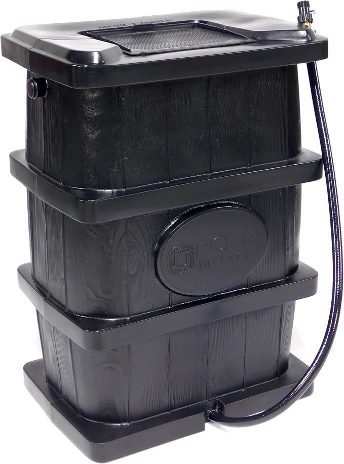 FCMP Outdoor Slim Line Design 45-Gallon Wood Grain Outdoor Home Rain Water Catcher Barrel Flat Back Container with Spigots and Mesh Screen, Black