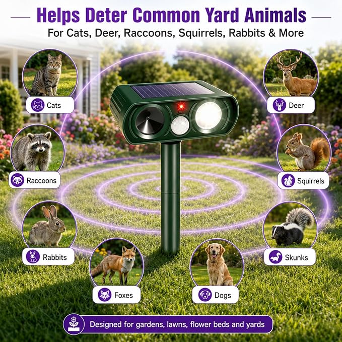 2 Pcs Upgraded Solar Animal Repellent Ultrasonic Outdoor for Cat Squirrel Racoon Rabbit Fox,Sonic Deer Repellent Devices Waterproof Flashing Light Motion Sensor Animal Repeller Deterrent for Garden