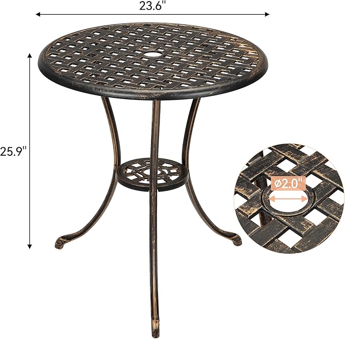 GarveeHome Patio Bistro Table, 24" Round Outdoor Coffee Table with 2" Umbrella Hole, Outdoor Cast Aluminum Bistro Table Side Table with Iron Frame for Balcony Backyard Lawn and Garden, Rustic Brown
