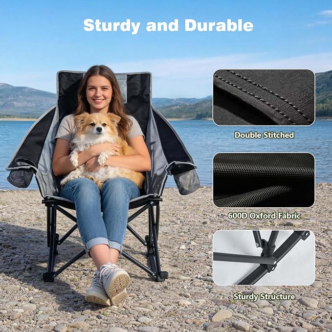 SUNNYFEEL Oversized Rocking Camping Chair, Fully Padded Patio Chair with Side Pocket, High Back Portable Lawn Recliner with Headrest, Outdoor Camp Rocker Chairs for Adults Heavy Duty 500 LBS Carry Bag