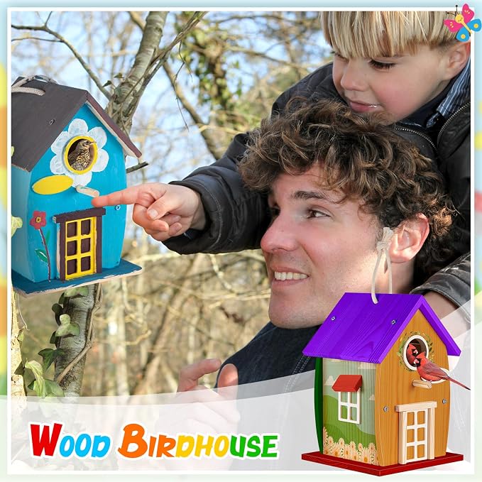 Liliful 8 Pack Wooden Bird House, Build It Yourself Woodworking Kit for Adult Kids 4-8, 8-12 with Paint and Paintbrushes, Solid Weather Proof Natural Pine Wood, Pre Drilled (Rural Style)