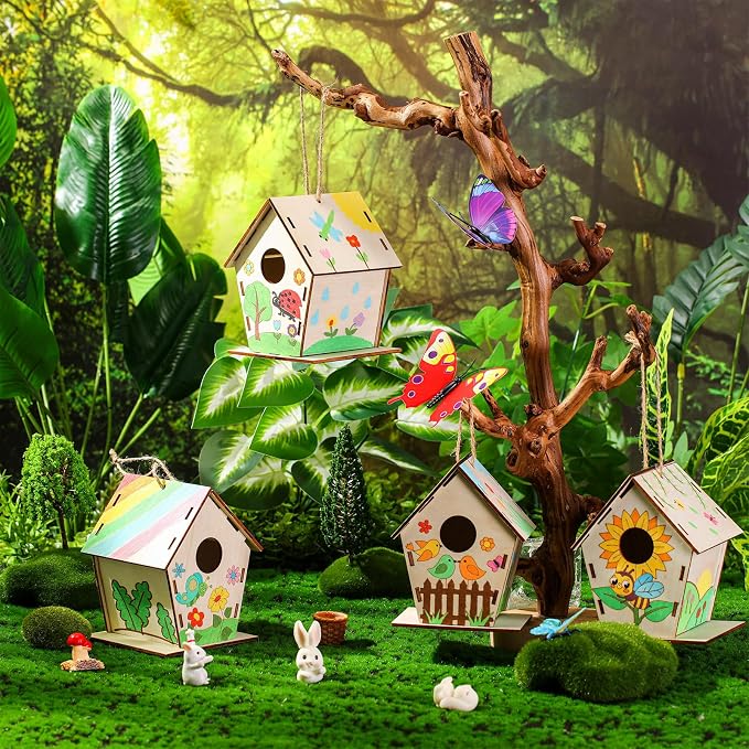 DoubleFill 48 Pack Wooden Bird House Bulk for Kids Birdhouse Kit Wood Houses for DIY Unfinished Hanging Birdhouse Kits Wooden Craft Houses to Paint VBS Craft Family Crafts