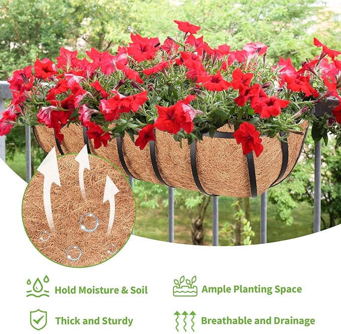 Legigo 4 Pack 24 Inch Window Boxes Railing Planter Box with Coconut Liner, Balcony Railing Planter Horse Trough Deck Window Planters, Metal Railing Hanging Flower Baskets for Outdoor Porch Fence Patio