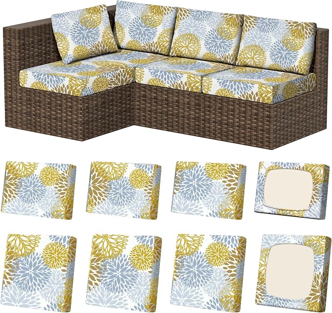 8Pcs Stretch Patio Cushion Covers, Outdoor Couch & Sofa Replacement Slipcovers for Patio Furniture Cushion Covers, Washable Reusable Furniture Protector