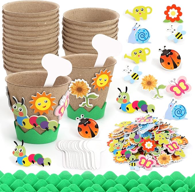 Ayfjovs Garden Paper Pot Craft Kit, 30 Pack Flower Growing Kit for Kids with 120 PCS Adhesive Foam Stickers and 30 PCS Plastic Plant Labels for Kids Science, Classroom Decoration, Mother's Day