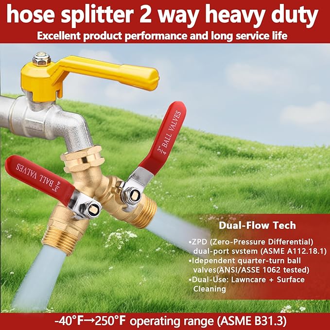 Solid Brass Garden Hose Splitter 2 Way Heavy Duty, Full Flow Y Valve Hose Splitter With Long Handle, 3/4" GHT Thread