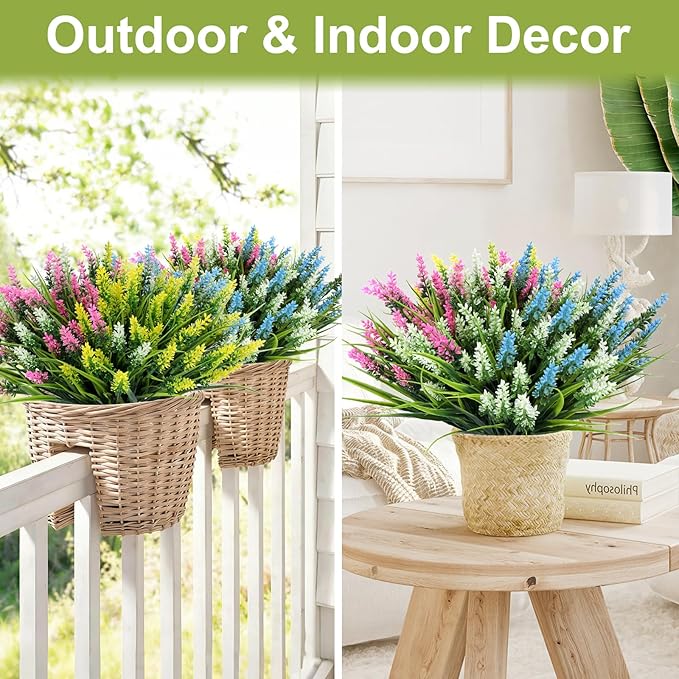 24 Bundles Artificial Lavender Flowers for Outdoor, UV Resistant Faux Plants with 4 Mixed Colors (Light Blue, White, Pink, Yellow), Realistic Fake Outdoor Flowers for Garden Porch Window Box Decor