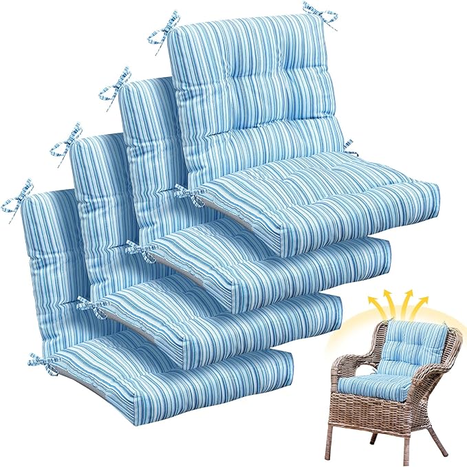 Marsui 4 Pcs Outdoor Indoor High Back Chair Cushions Patio Furniture Tufted Pillow with Ties Water-Resistant Replacement Outdoor Rocking Chair Cushions, 42 x 21 Inches (Blue Stripes,Stripes)