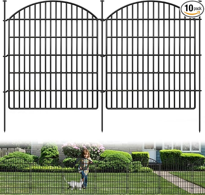 10 Panels Garden Fence Animal Barrier, 33 in(H) X 24 ft(L) Dog Fence Outdoor for Yard Rustproof No Dig Fencing Decorative Metal Wire Panel Border for Rabbits, Flower Bed Patio Temporary Ground Stakes