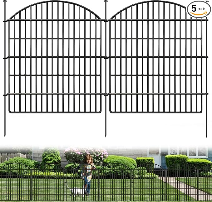 GILPWA 5 Panels Decorative Garden Fence 33in (H) x 12ft (L), Rustproof Metal No Dig Fencing Animal Barrier Border for Dog Rabbit, Flower Edging for Yard & Patio Outdoor Landscape