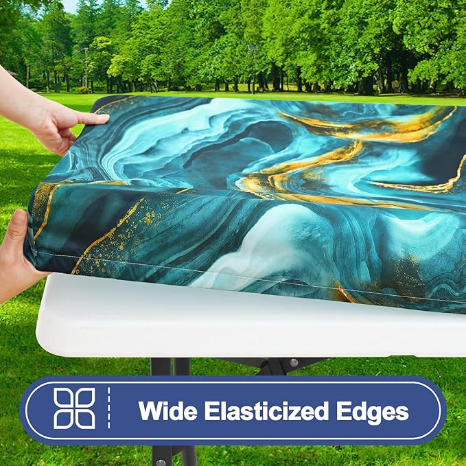 Smiry Picnic Table Cover with Bench Covers, Waterproof Elastic Fitted Tablecloth for 8 Foot Tables, Washable Polyester Tablecloths for Camping, Indoor & Outdoor (Teal & Gold, 30x96 Inch 3-pc Set)