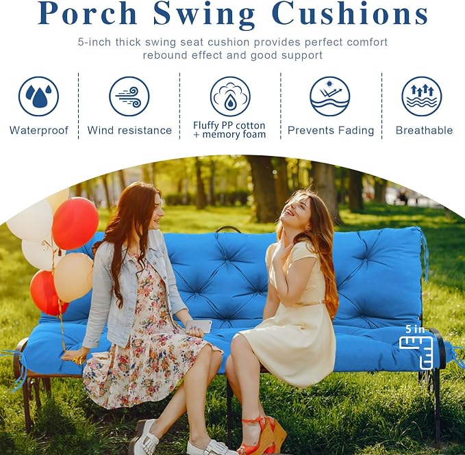 Porch Swing Cushions 60x40 Inch, 5" Extra Thick Waterproof Outdoor Swing Seat Cushion with Backrest & 8 Non-Slip Ties PP Cotton + Memory Foam Fill, Fade-Resistant 3-Seater Replacement for Patio Bench