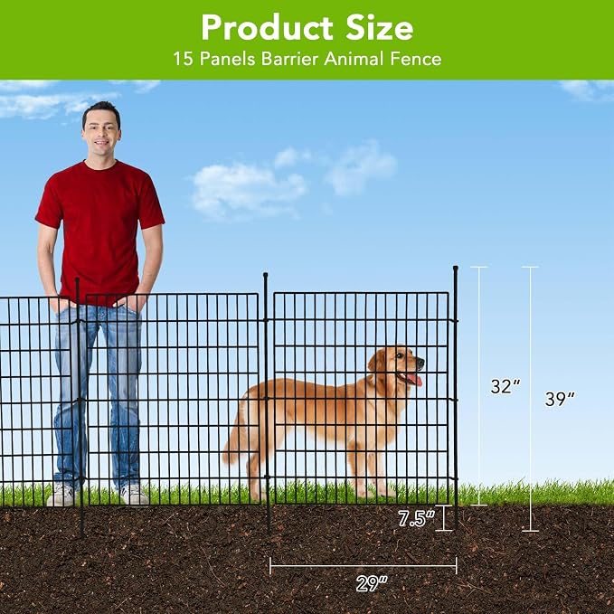 GarveeTech 15 Panels No Dig Garden Fence,32 in (H) x 35.4 ft (L), Garden Fences and Borders,Rustproof Metal Animal Barrier Ground Stakes Fencing for Garden, Patio, Flower Bed