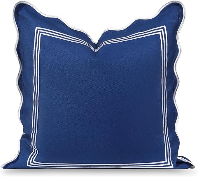 Hofdeco Premium Coastal Hampton Scalloped Patio Indoor Outdoor Throw Pillow Cover Only, 20"x20" Water Repellent for Backyard, Couch, Poolside, Navy Blue Embroidered Frame