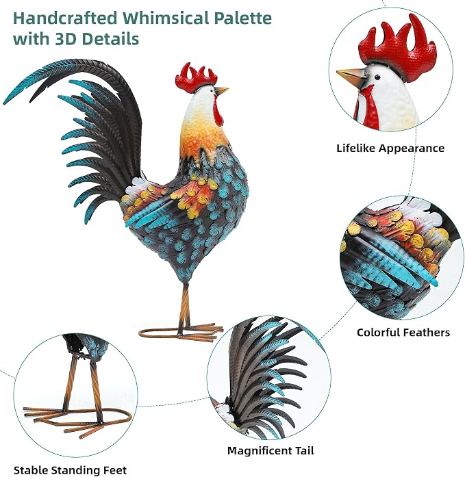 32in Large Metal Rooster Decor, Outdoor Garden Statues, Metal Chicken Sculpture for Backyard Patio Garden Kitchen Décor