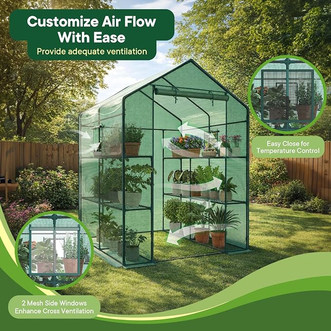 OLIXIS Outdoor Greenhouse, Walk-in Greenhouse with 2 Tier 8 Plant Shelves, Durable PVC Cover, 56"×56"×77" Portable Greenhouses for Outdoor Garden, Patio, Porch, Backyard Green Houses, Green