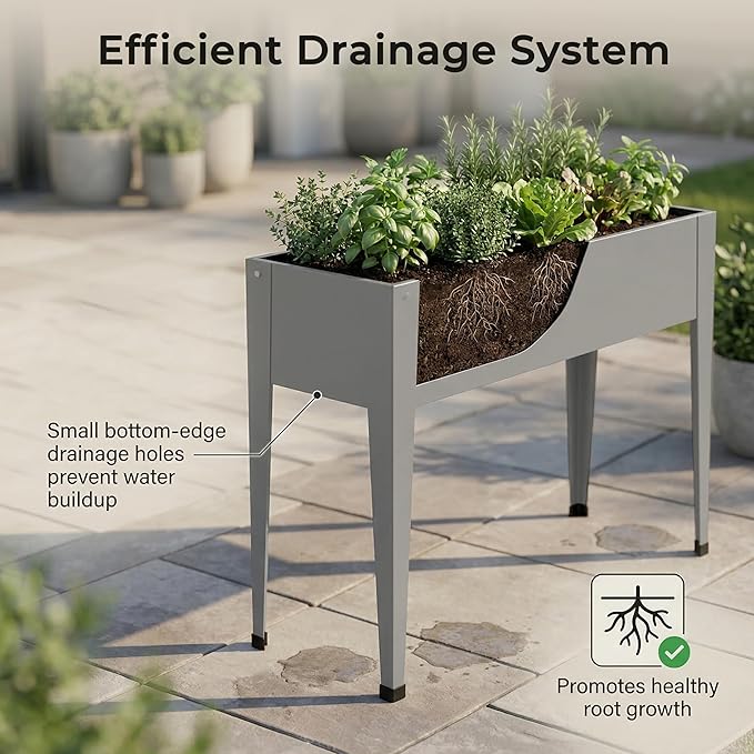 Gardzen Elevated Garden Bed Outdoor, Metal Herb Planter Box with Legs, Galvanized Steel Raised Planter, Drainage Hole, Easy Assembly Standing Planter for Patio Balcony Backyard, 40x12x31 in