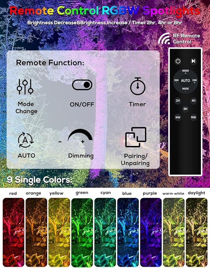ZYAN Solar Color Changing RGB Spotlights with Remote, 12000mAh Separate Monocrystalline Panels & USB-C Powered, Auto On Off, Outdoor IP65 Waterproof for Patio Yard Path (8 Pack)