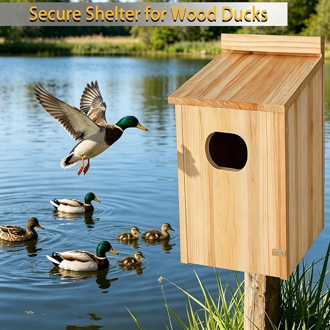 Wooden Duck Nesting Box, Wood Duck House for Outdoor Tree Mounting, 10x10x17 Inch with 4 Inch Entry Hole
