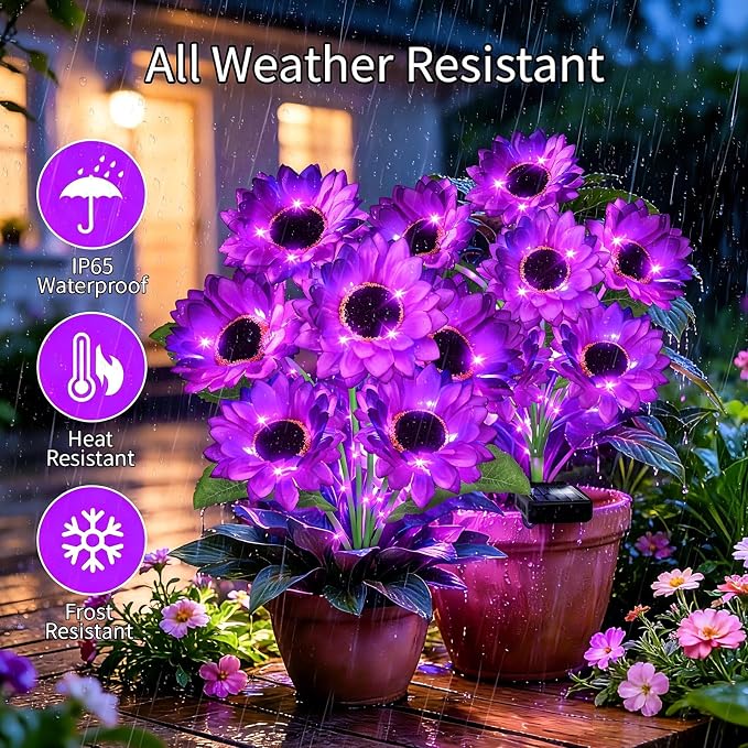 VOOKRY Solar Garden Lights Outdoor, 4 Pack Purple Sunflower Lights with 24 Flowers, Waterproof Summer Garden Decor Solar Flowers for Yard Backyard Patio Flowerbed Yard, Gift for Mom Women