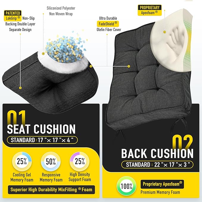 SUNROX Memory Foam Non Slip Rocking Chair Cushion, FadeShield Water Resistant Thicken Durable Tufted Pads, Set of Seat & Back Cushion with Ties for Indoor/Outdoor Rocker, 2 Piece, Midnight