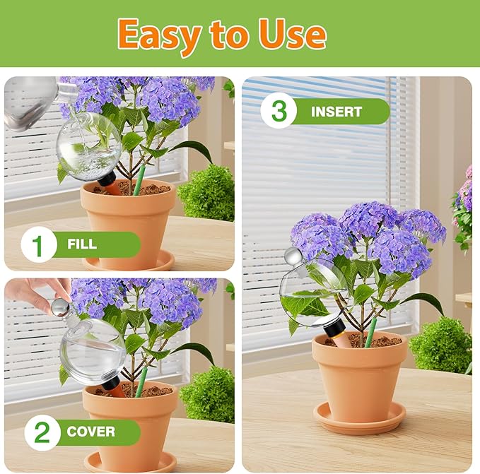 DI QIU REN 19oz Extra Large Self Watering Globes, Automatic Plant Waterer with Glass Stopper - Slow Release Watering Bulbs & Planter Insert, Top-Fill Water Spikes Stakes for Indoor Plants (4, Clear)