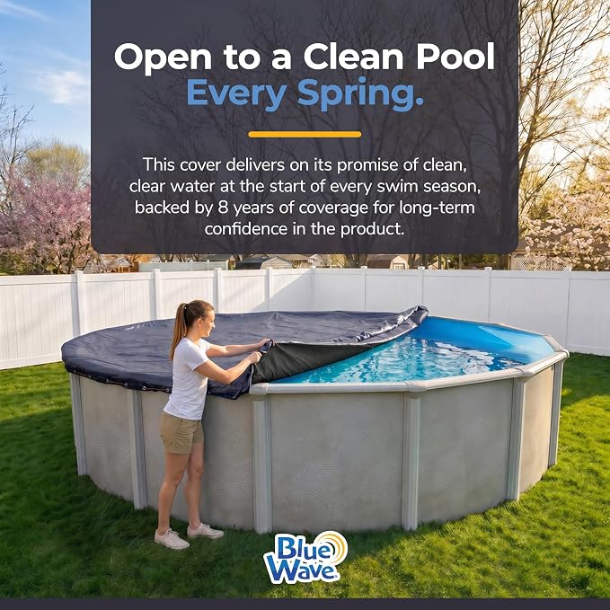 Blue Wave 8-Year 24-ft Round Above Ground Pool Winter Cover | Solid polyethylene, heat-sealed seams, underside, cable, winch, grommets, 4-ft overlap, 8-yr support, blocks debris & snow
