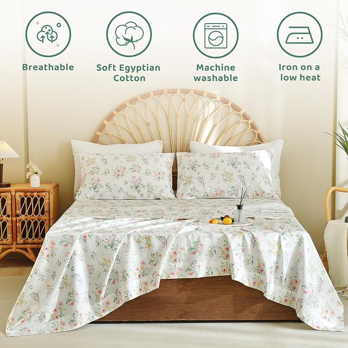 QSH Green Floral Egyptian Cotton Sheets King Size, Yellow Flowers Pattern Printed Bed Sheets Sets King Size Botanical Aesthetic Extra Soft and Breathable 17.5" Deep Pockets Bedding Sheets 4pcs