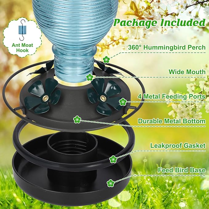 FEED GARDEN Glass Hummingbird Feeder for Outdoors Hanging, 20 OZ Humming Birds Feeders with 6 Bee Guard Feeding Ports & Built-in Ant Moat, Bird Feeder for Outside, Blue,1 Pack
